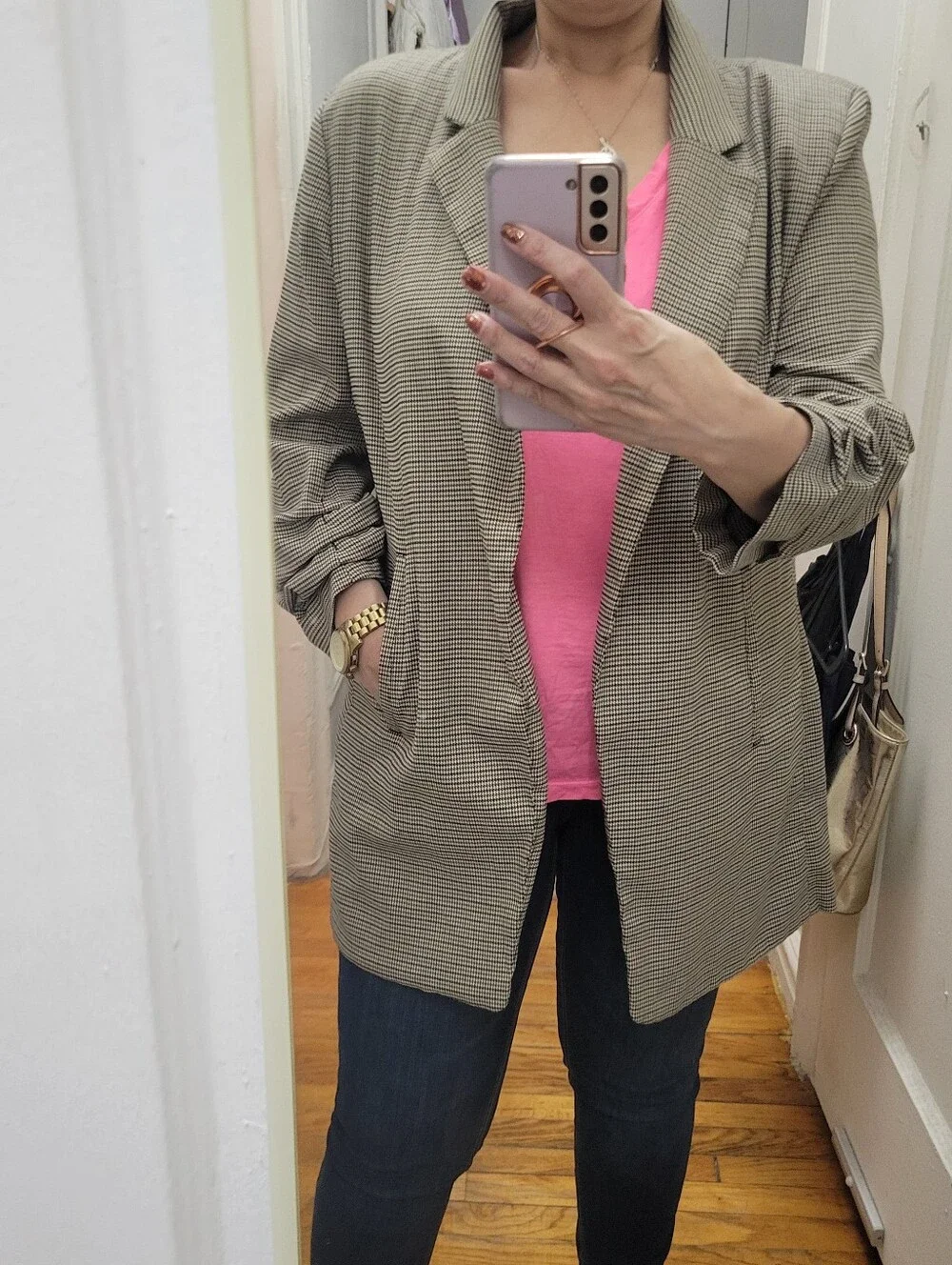 Rachel Zoe Tan Houndstooth Trench Blazer EUC Office Career‎ Preppy